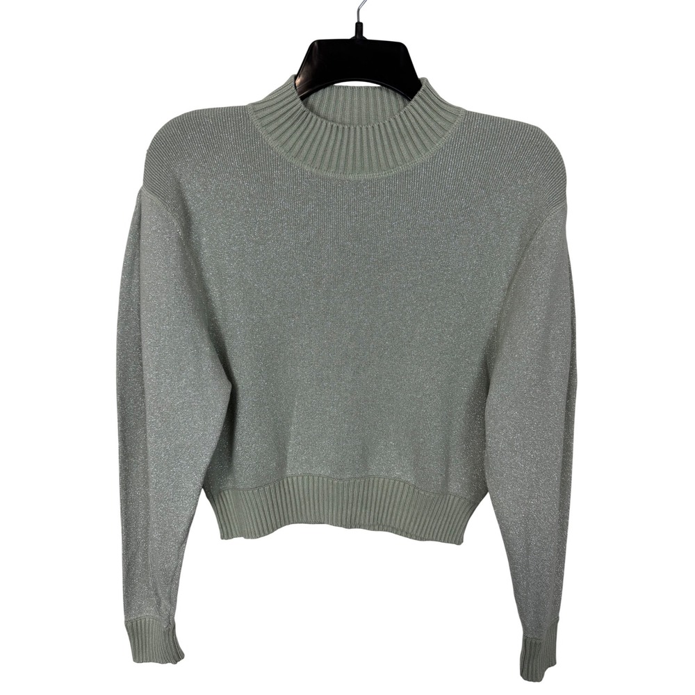 Free People Women Sweater XS Sage Green Metallic Mock Neck Cropped Ribbed Knit